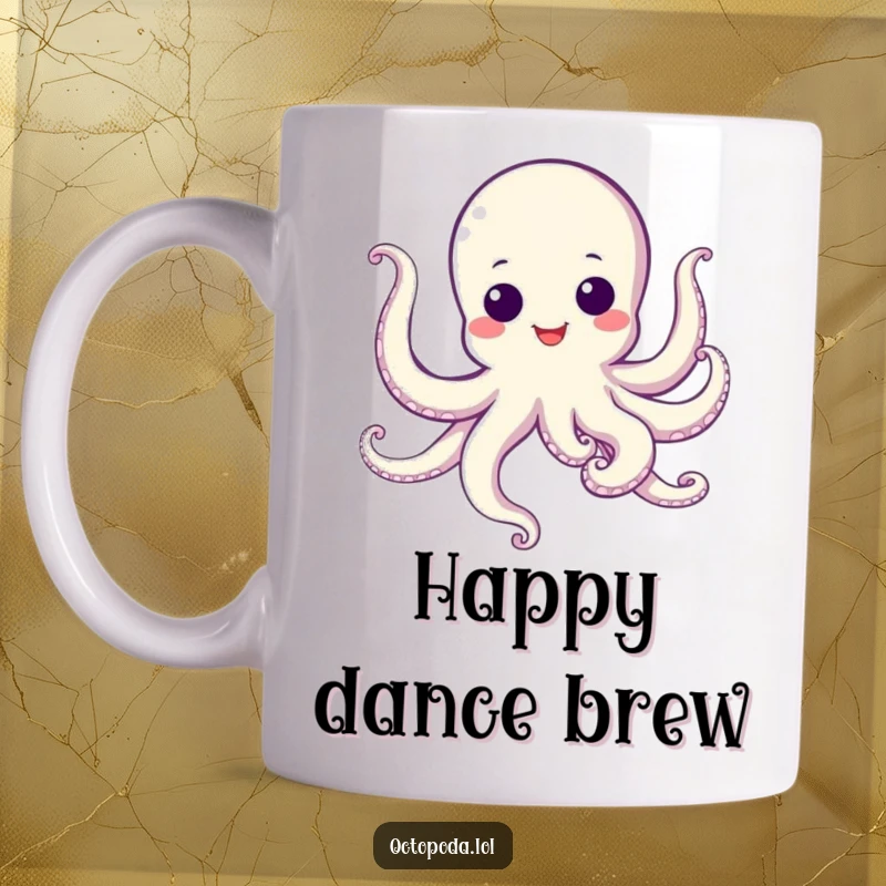 Funny Mug featuring a smiling octopus with googly eyes, joyfully dancing with its tentacles wiggling.