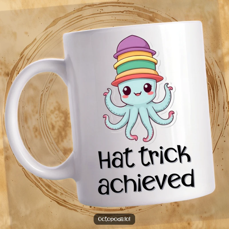 Funny Octopus Mug with a cheerful character balancing seven colorful hats, a gift of fun and balance.