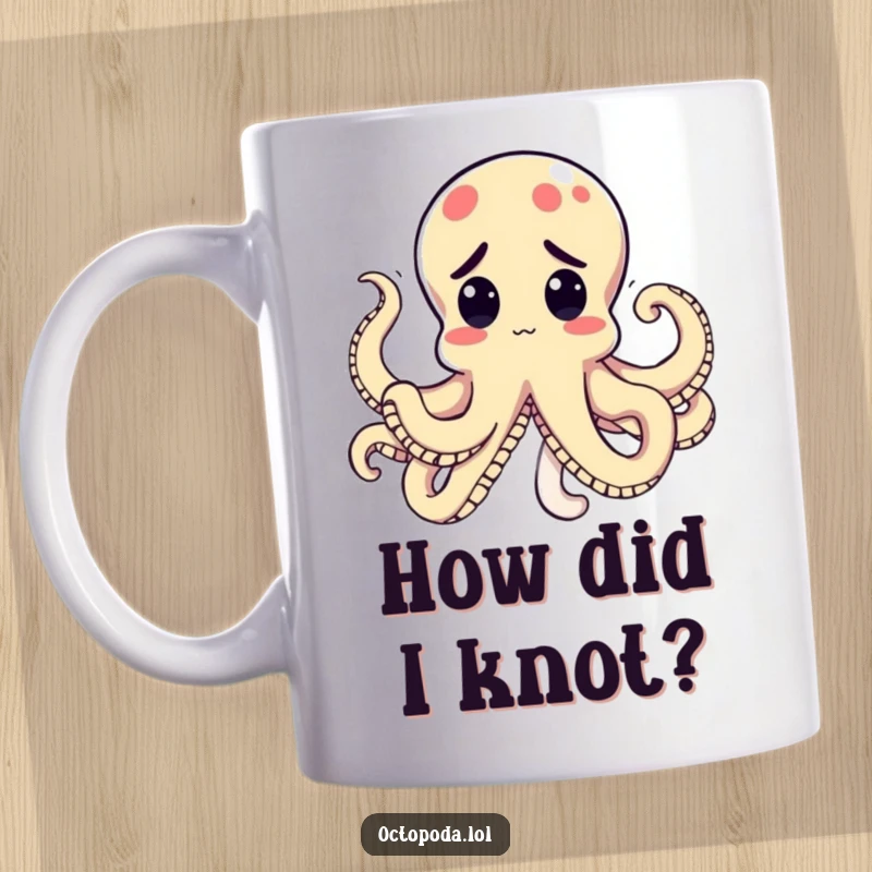 Funny Kawaii Octopus Mug featuring a perplexed cephalopod whose tentacles are tied in a comical knot, a relatable and humorous design.