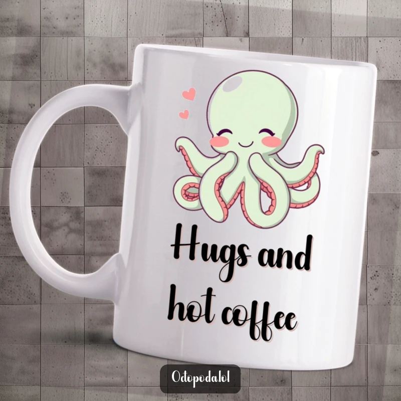 Funny Hugging Octopus Mug: A happy octopus with blushing cheeks offers a big hug with all its tentacles, a warm and funny design.