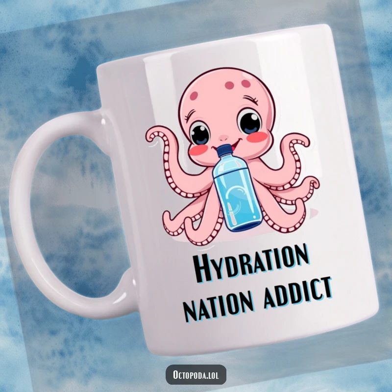 Funny mug featuring a smiling octopus enthusiastically squeezing a water bottle, showing playful energy and hydration fun.