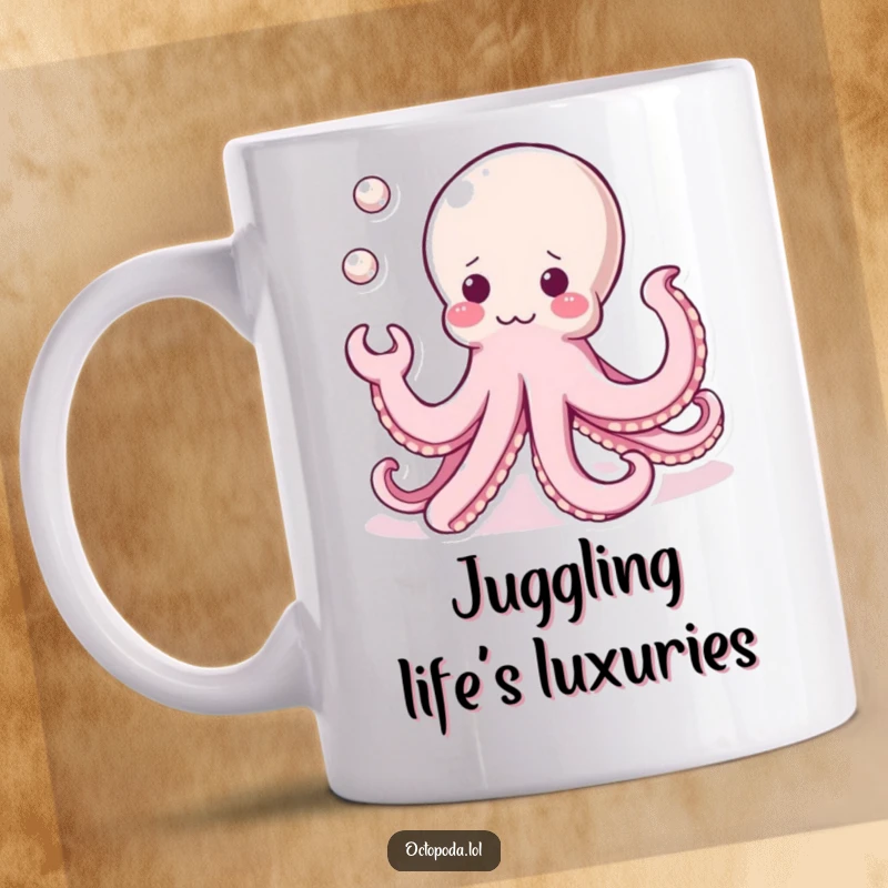 Funny Kawaii Octopus Mug: A cute octopus expertly juggling three shiny pearls with its tentacles, showcasing charm and delicate skill.