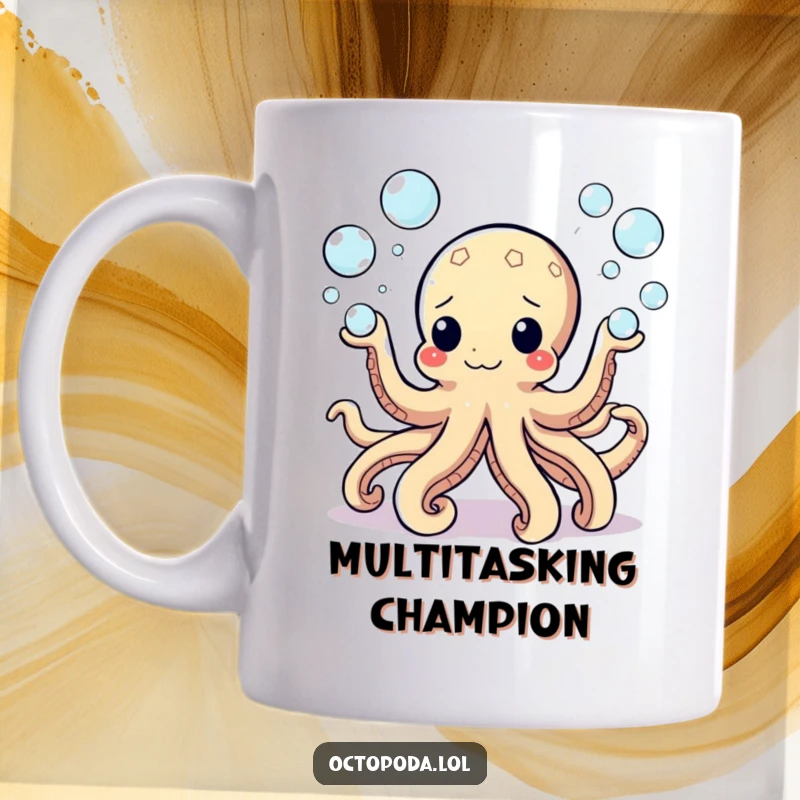Funny Mug featuring a cheerful octopus juggling eight tiny bubbles with its many arms, showcasing playful multitasking and marine charm.