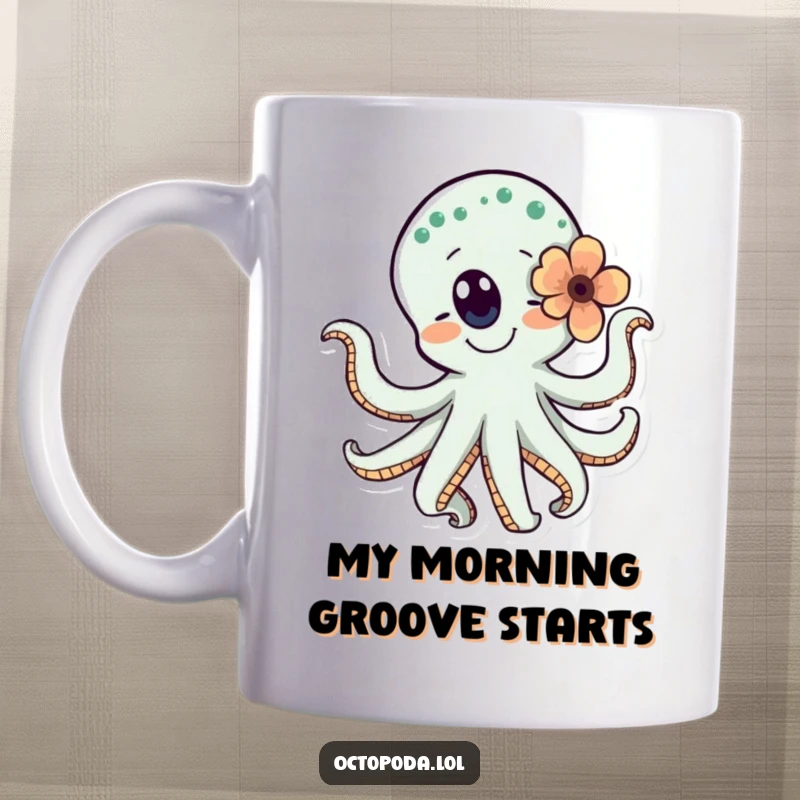 Funny mug featuring a happy octopus dancing joyfully with a flower tucked behind its eye, exuding pure delight.