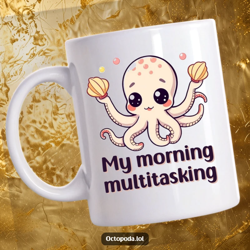 Funny mug featuring a cute octopus with bulging googly eyes skillfully juggling colorful seashells, radiating cheerful energy.