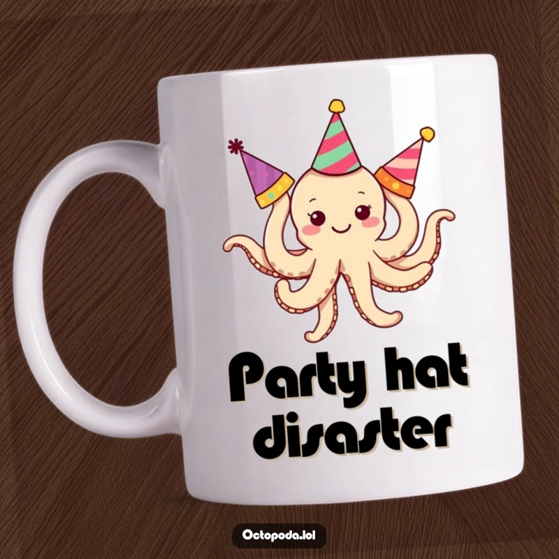 Funny Octopus Mug: A tiny, smiling octopus with three arms tangled while attempting to wear multiple party hats.