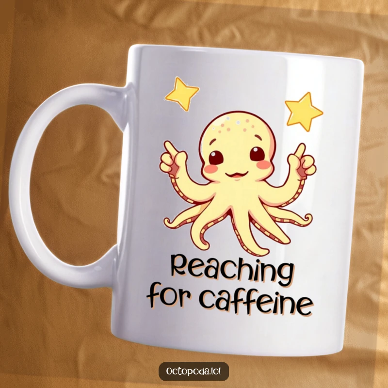 Funny mug showing a curious octopus with multiple arms pointing towards a bright, twinkling star in the night sky.