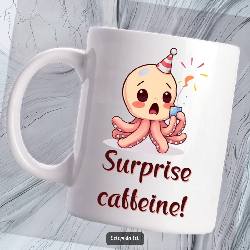 Funny Octopus Mug: A surprised baby octopus character with wide eyes recoiling from a playfully popping party popper.