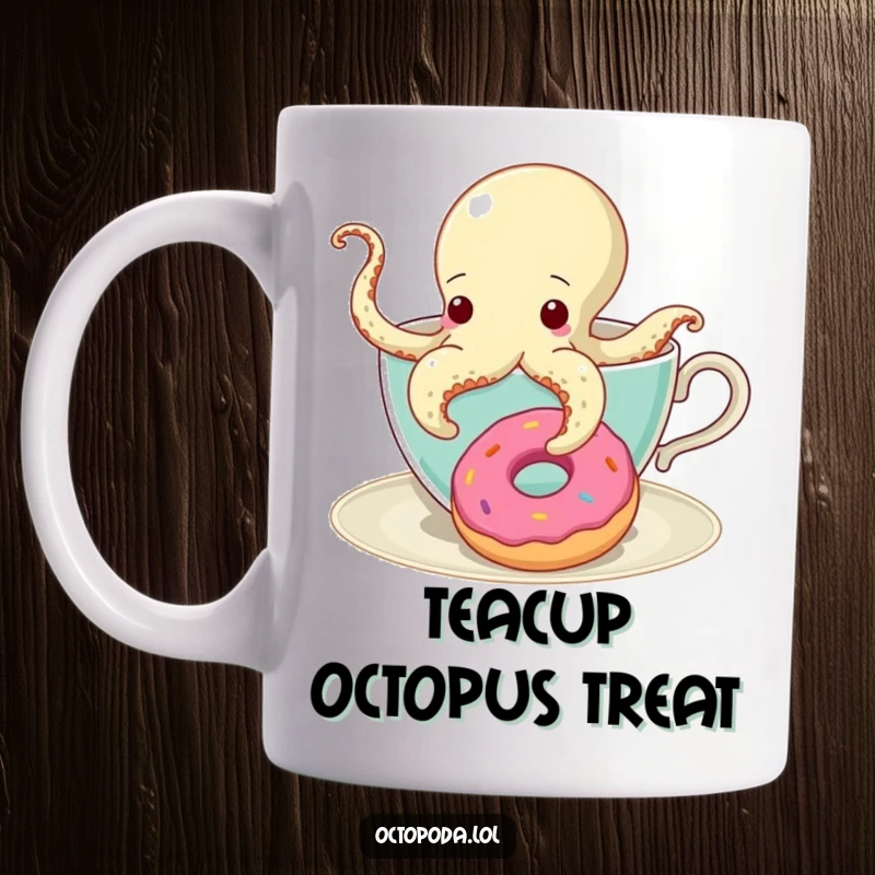 Funny Mug featuring a curious octopus peeking from a teacup, reaching a tentacle towards a tempting donut.