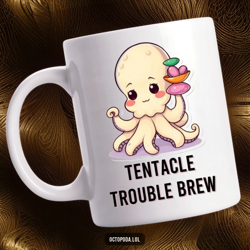 Funny mug with a determined little octopus character using a tentacle to stack colorful shiny shells, coastal humor.