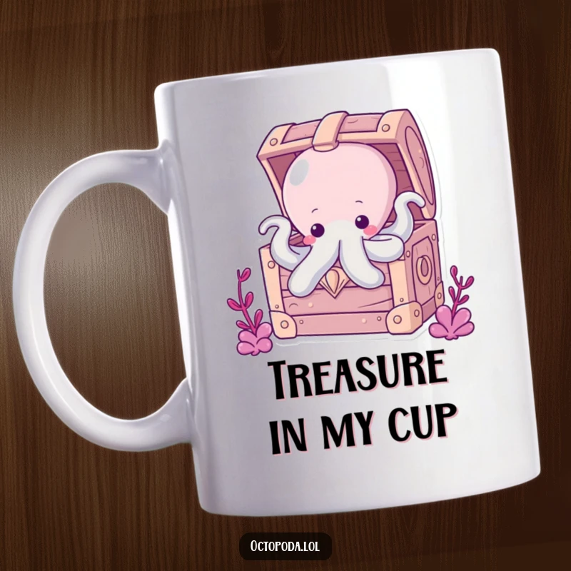 Funny Chubby Octopus Mug: A cute, chubby octopus peeking curiously from a large, bubbly treasure chest filled with imaginary riches.