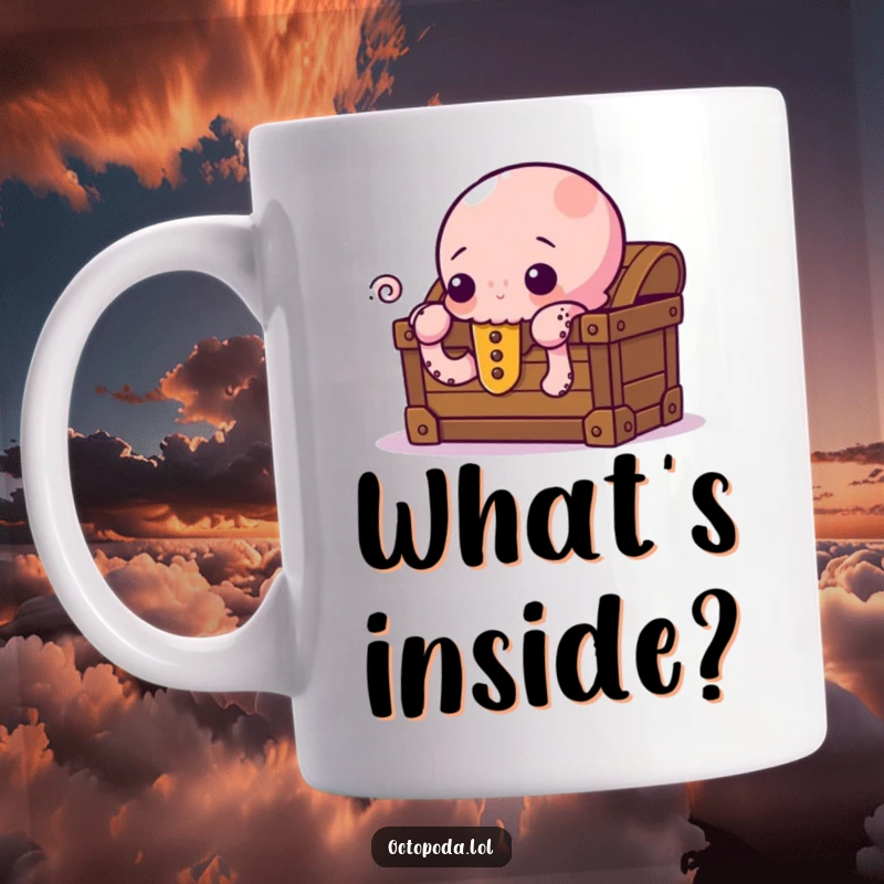 Funny Mug featuring a curious octopus peeking its eyes out from behind a brimming treasure chest, hinting at hidden wonders.