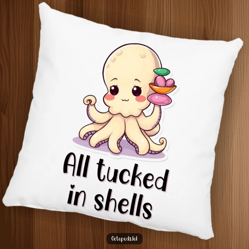 Funny pillow with a determined little octopus character stacking colorful shiny shells with a tentacle, soft and decorative.