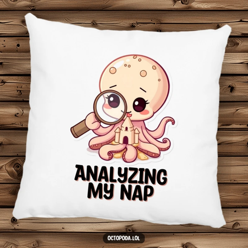 Funny pillow featuring a curious baby octopus with a magnifying glass looking at a sandcastle, ideal for cozying up.