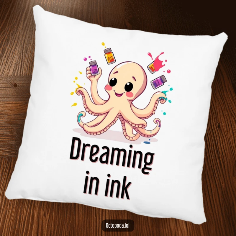 Funny Pillow showcasing a happy octopus juggling ink bottles, bringing comfort and artistic flair to any room.