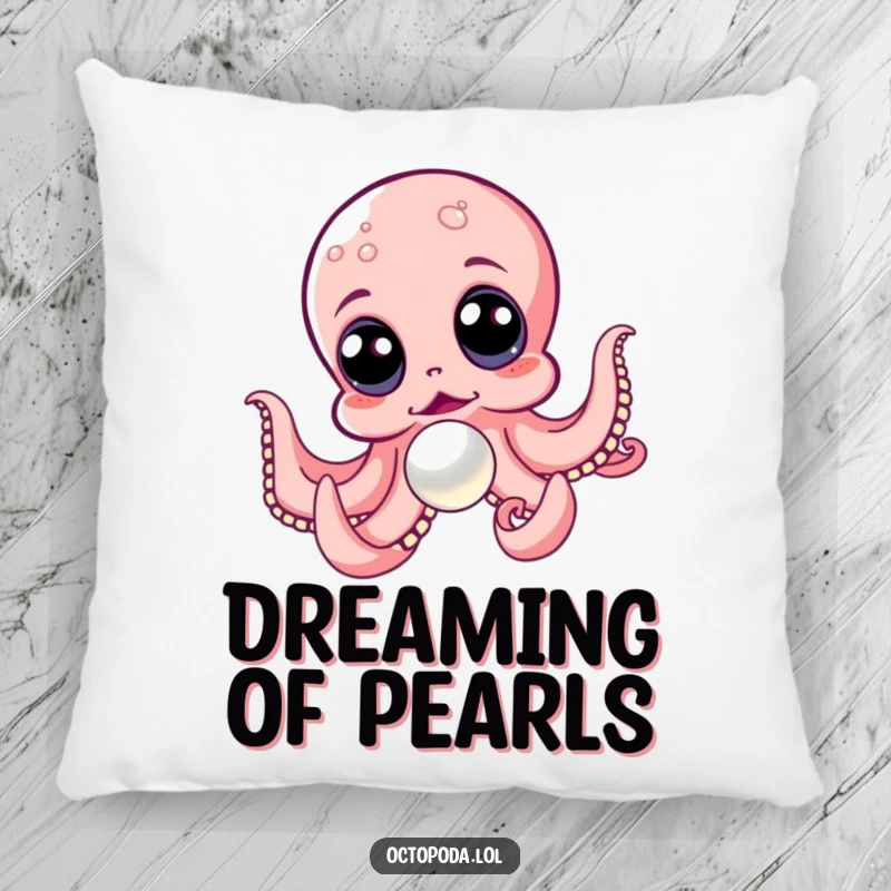 Funny pillow featuring a super excited octopus, its eyes wide, chasing after a dazzling, sought-after pearl.