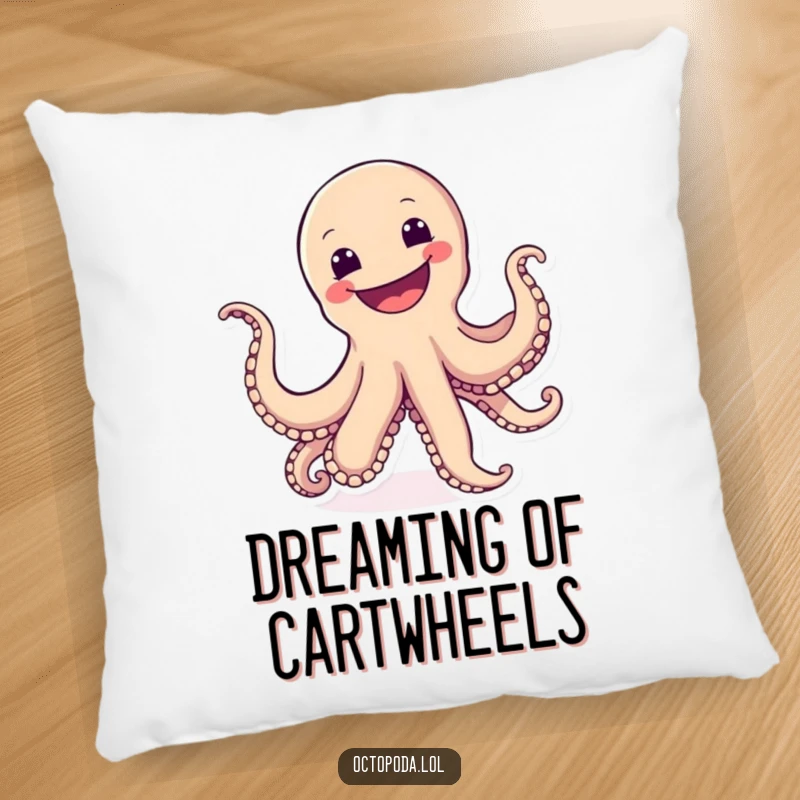 Funny pillow with a cartwheeling octopus sporting a wide, joyful grin, offering comfort and a dose of pure happiness.