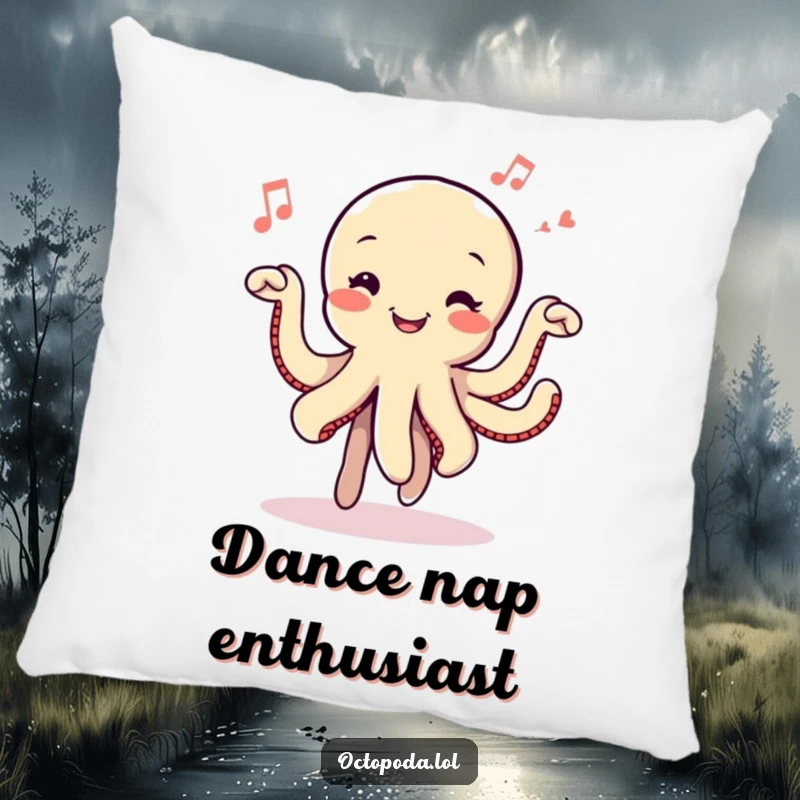 Funny Dancing Octopus Pillow: A plush, smiling octopus dancing joyfully amidst musical notes, offering comfort and a rhythmic vibe.
