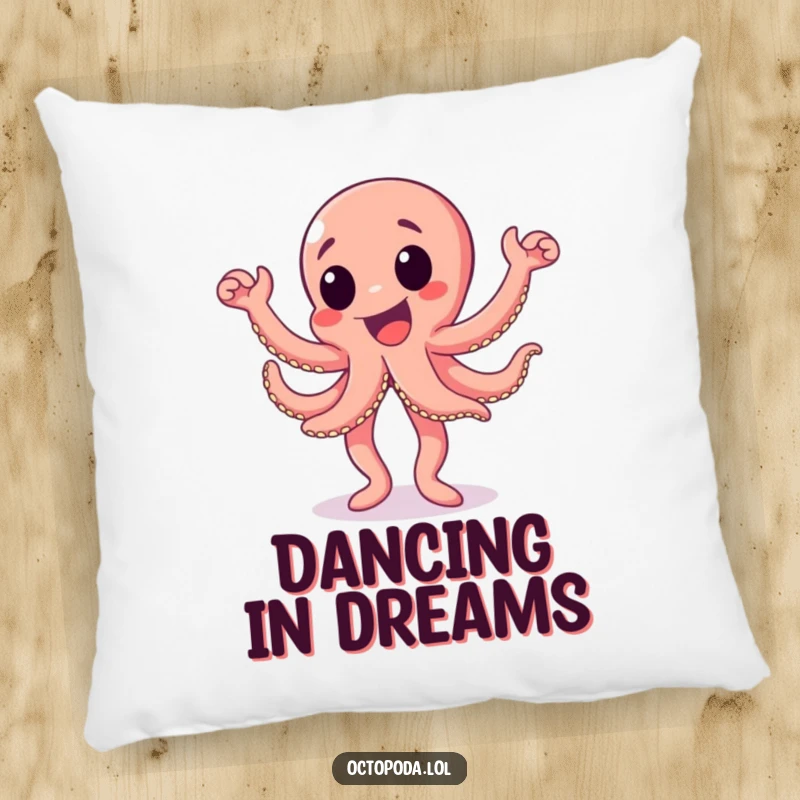 Funny octopus pillow designed with an excited octopus character doing a happy dance, providing comfort and festive cheer.