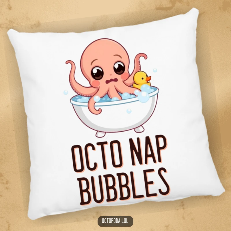 Funny Pillow: Surprised octopus with wide eyes leaps from a bubble bath with a rubber duck, embodying splashy humor and making it cozy.