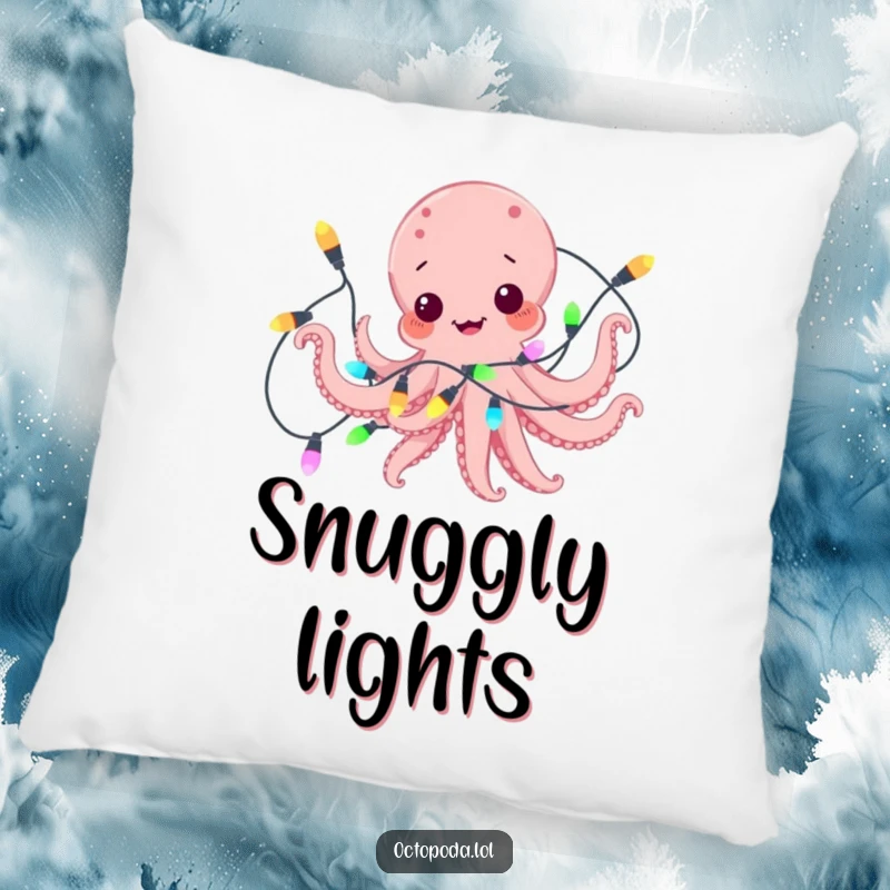 Funny pillow with a playful octopus comically entangled in a string of bright, colorful lights, perfect for adding festive flair.