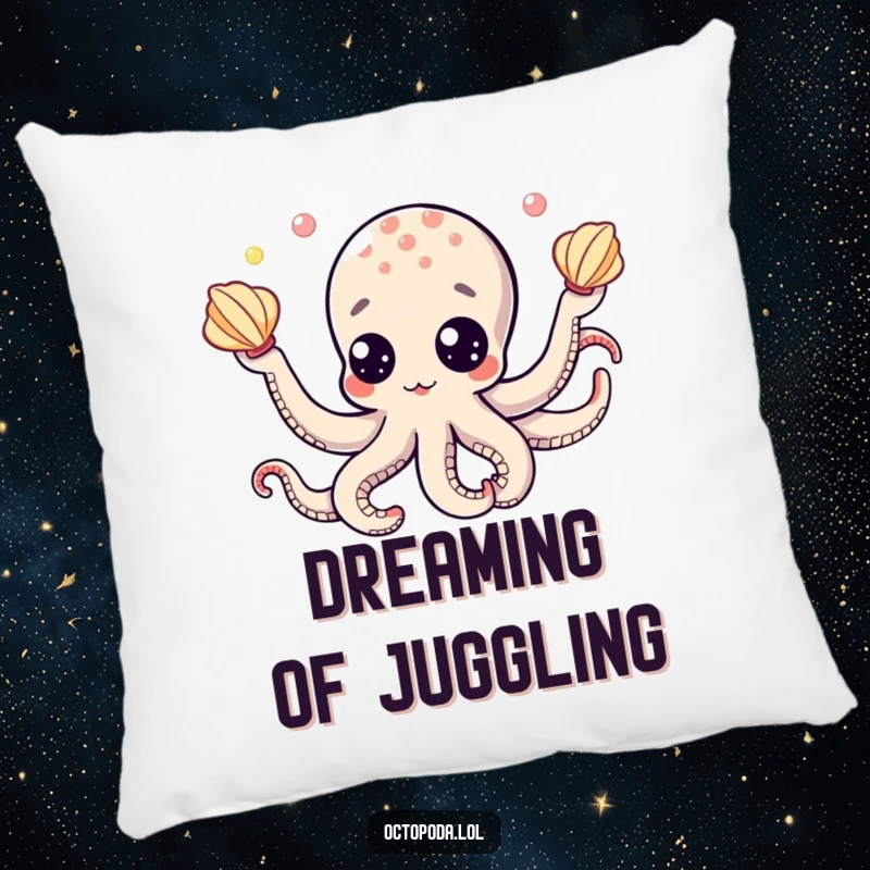 Funny pillow showcasing a cute octopus with prominent googly eyes, juggling seashells, adding a touch of playful comfort.