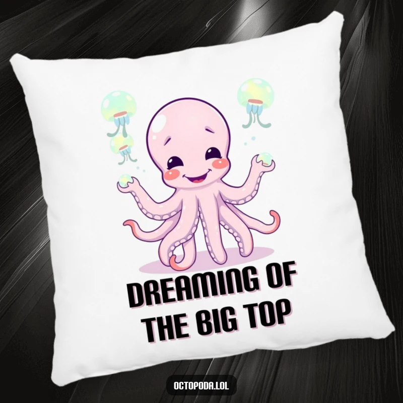 Funny pillow featuring a giggling octopus juggling glowing jellyfish, offering a soft touch of humor and whimsical decor.