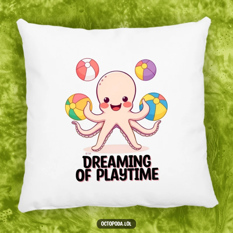 Funny Octopus Juggling Pillow: a plush pillow with a smiling octopus juggling colorful beach balls with its tentacles.