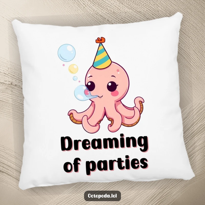 Funny pillow featuring a happy octopus in a party hat blowing a bubble, perfect for adding a touch of whimsy.