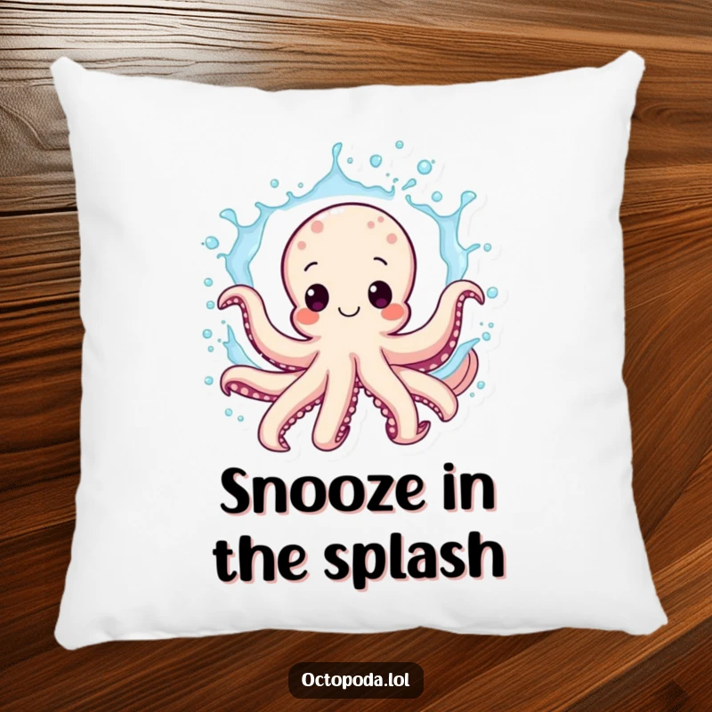 Funny octopus pillow, a cheerful cephalopod performing a water splash, soft and huggable, adding humorous comfort to any room.