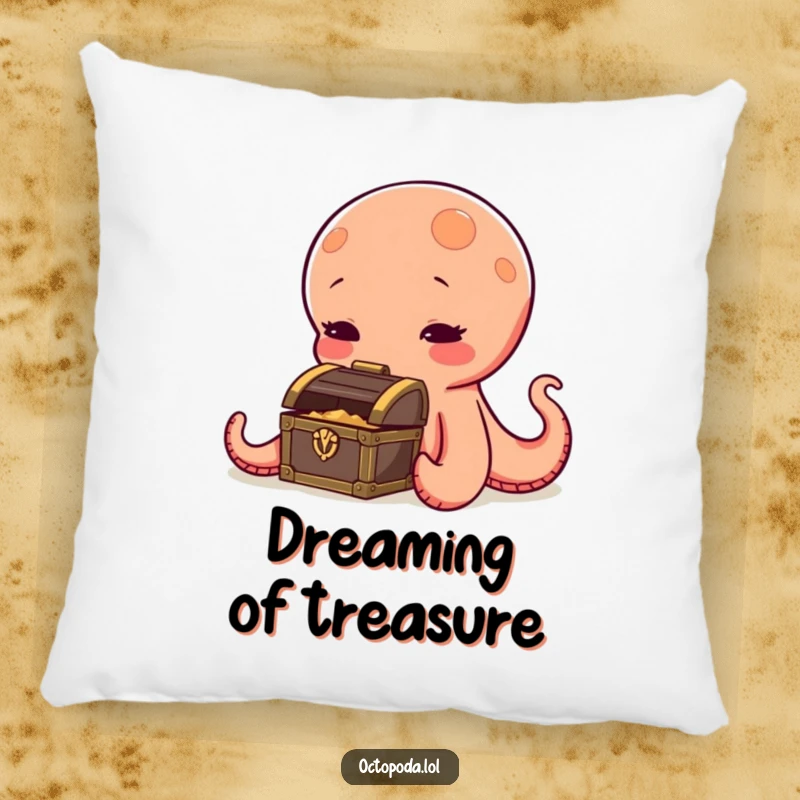 Funny octopus pillow, a curious cephalopod sniffing a tiny treasure chest, soft and decorative, bringing humorous charm to any room.