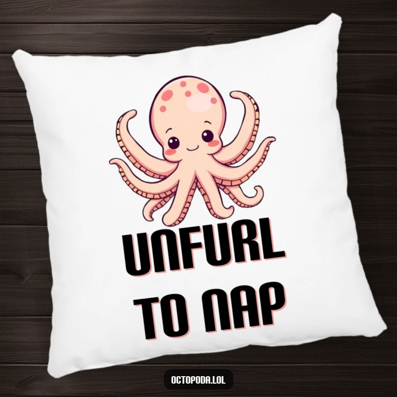 Funny octopus pillow, a joyful cephalopod unfurling multiple arms, soft and huggable, bringing humorous comfort and cheer.
