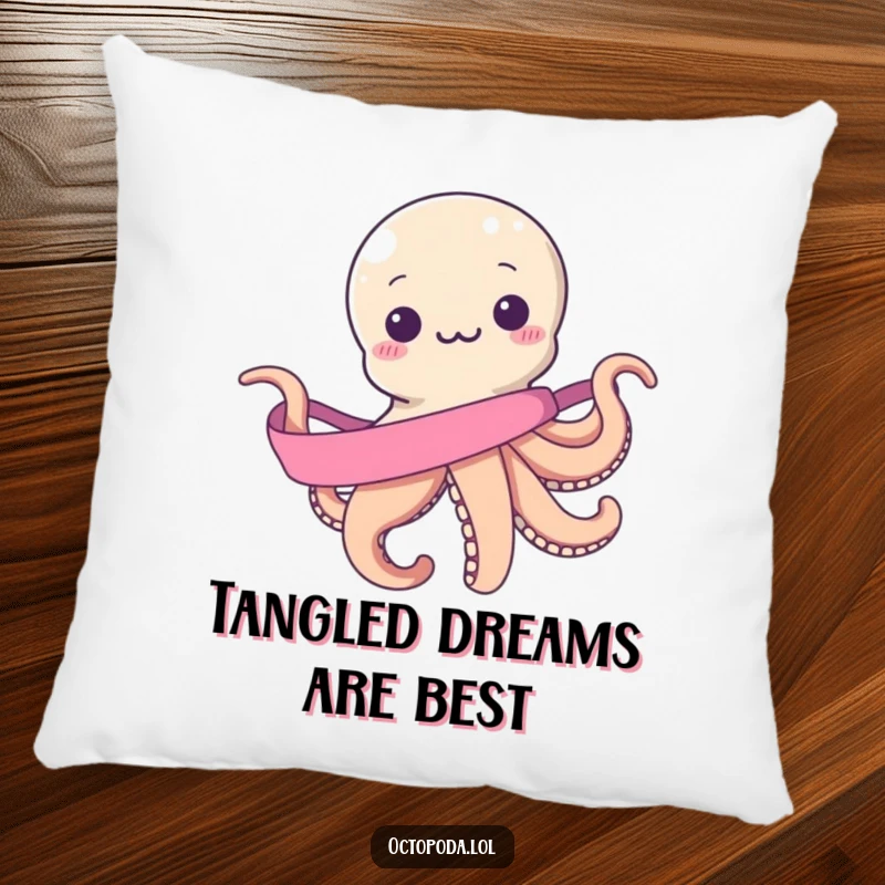 Funny pillow: a happy octopus comically wrapped in a single, endlessly long ribbon, perfect for adding a touch of silliness and comfort.