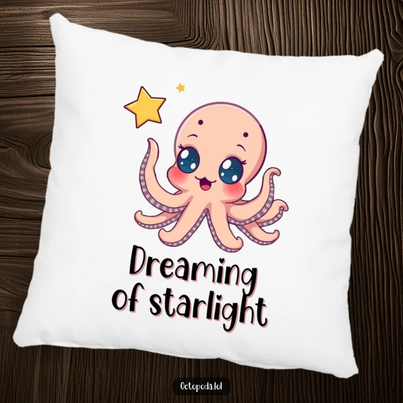 Funny pillow: a joyful octopus reaching for a glowing, shimmering star, perfect for adding comfort and a touch of cosmic aspiration.