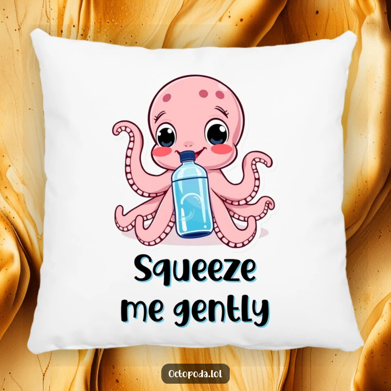 Funny pillow featuring a smiling octopus playfully gripping a water bottle, perfect for adding whimsical comfort to any room.