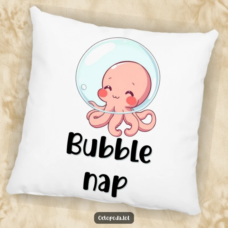 Funny Octopus Pillow featuring a shy, blushing octopus character humorously hiding behind a large bubble, providing cute and soft decor.