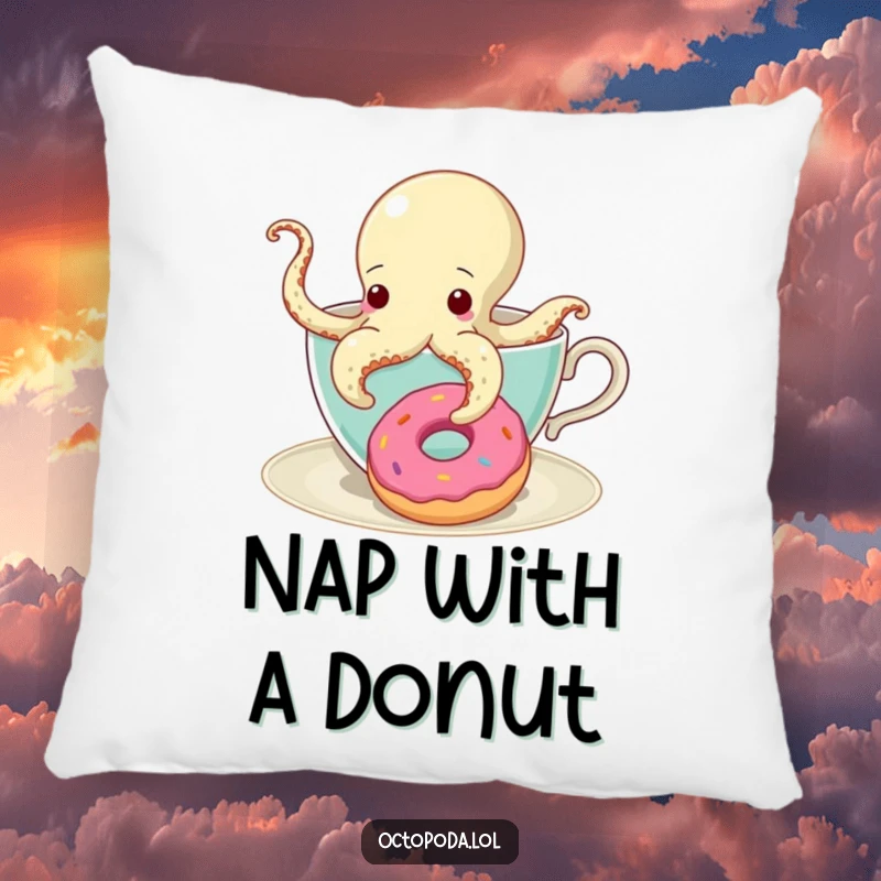 Funny Pillow with a curious octopus peeking from a teacup, its tentacle reaching for a donut, adding comfort and humor.