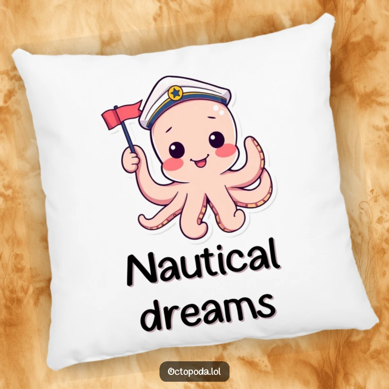 Funny pillow with a playful octopus wearing a sailor hat and waving a flag, perfect for nautical-themed comfort.