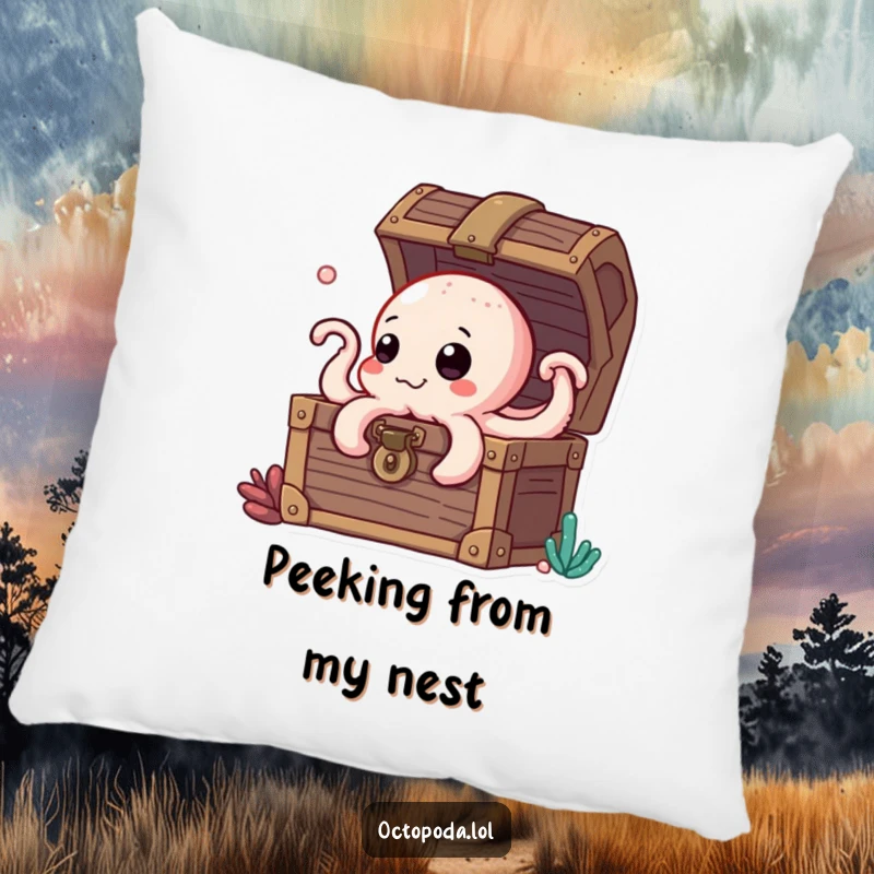 Funny pillow showcasing a curious octopus peeking from a treasure chest, perfect for cozy, adventurous comfort.