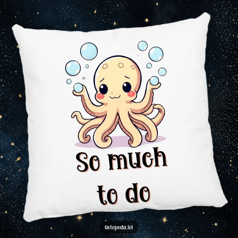 Funny Pillow featuring a happy octopus juggling small bubbles, providing comfort and a touch of whimsical marine-themed humor.