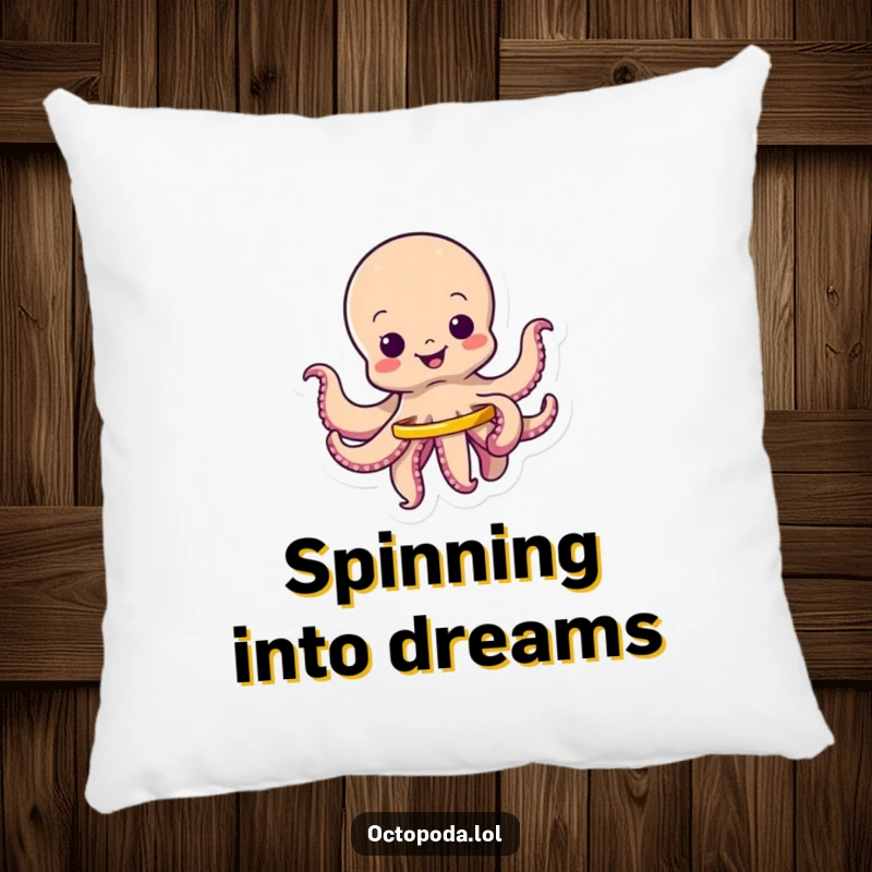 Funny pillow showcasing a wiggling octopus character joyfully spinning a tiny hula hoop, perfect for playful comfort.