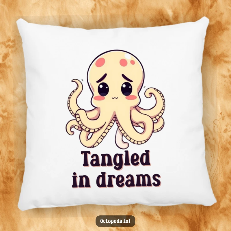 Funny Kawaii Octopus Pillow featuring a perplexed cephalopod with tentacles tied in a knot, a soft and humorous decorative accent.