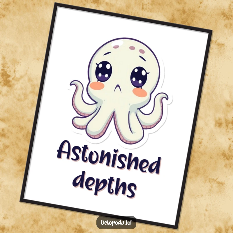 Funny digital art print of a surprised octopus with wide eyes looking upwards, perfect for humorous decor. A humorous gift.
