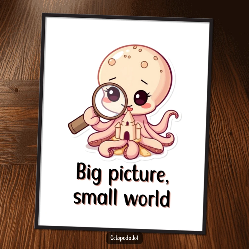 Funny digital art print of a baby octopus with a magnifying glass inspecting a sandcastle, ideal for adding whimsical decor.