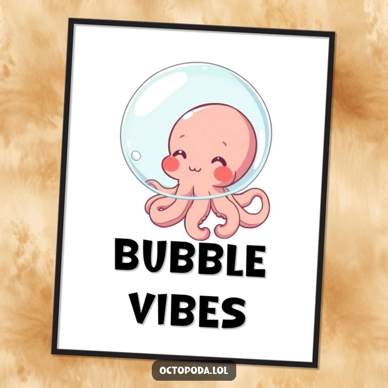 Funny Octopus Digital Art Print of a shy, blushing octopus character hiding behind a large bubble, capturing humorous and endearing shyness.