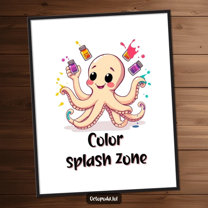Funny Digital Art Print of a cheerful octopus juggling colorful ink bottles, ideal for vibrant and inspiring decor.