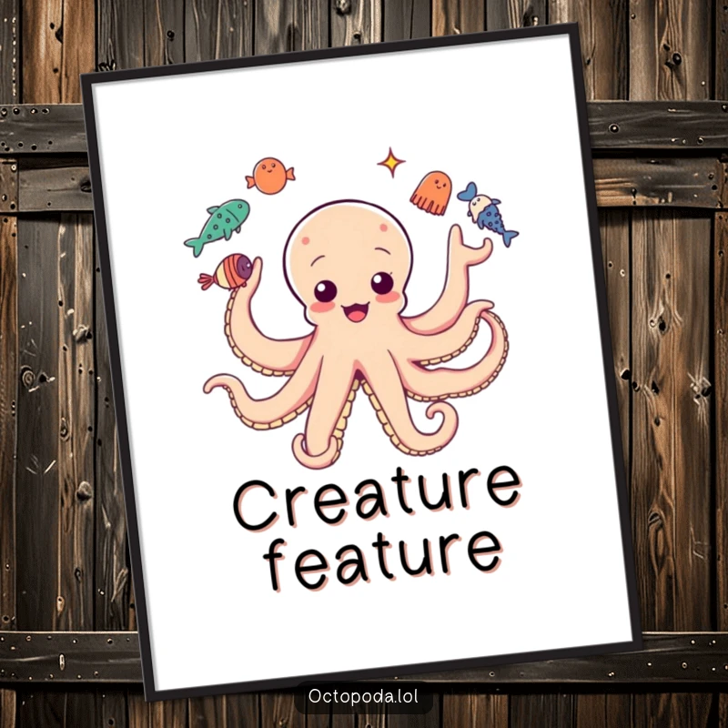 Funny digital art: Octopus with multiple arms playfully juggling sea creatures, vibrant and humorous.