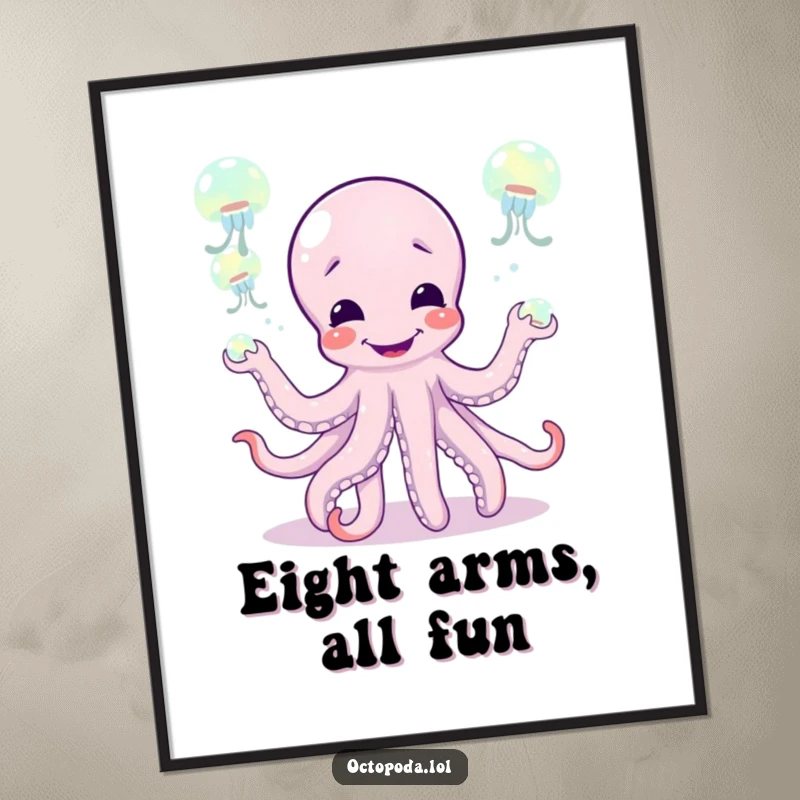 Funny digital art print of a giggling octopus juggling jellyfish, ideal for instant download and adding humorous charm to any room.