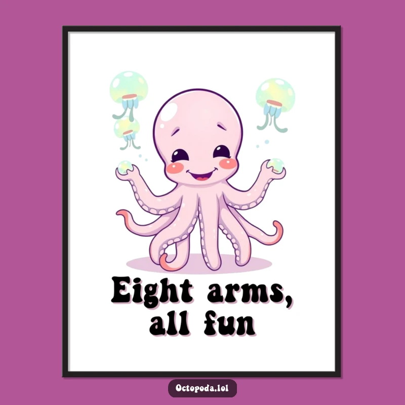 Funny Giggling Octopus Juggling Jellyfish Digital Art Print for Whimsical Decor