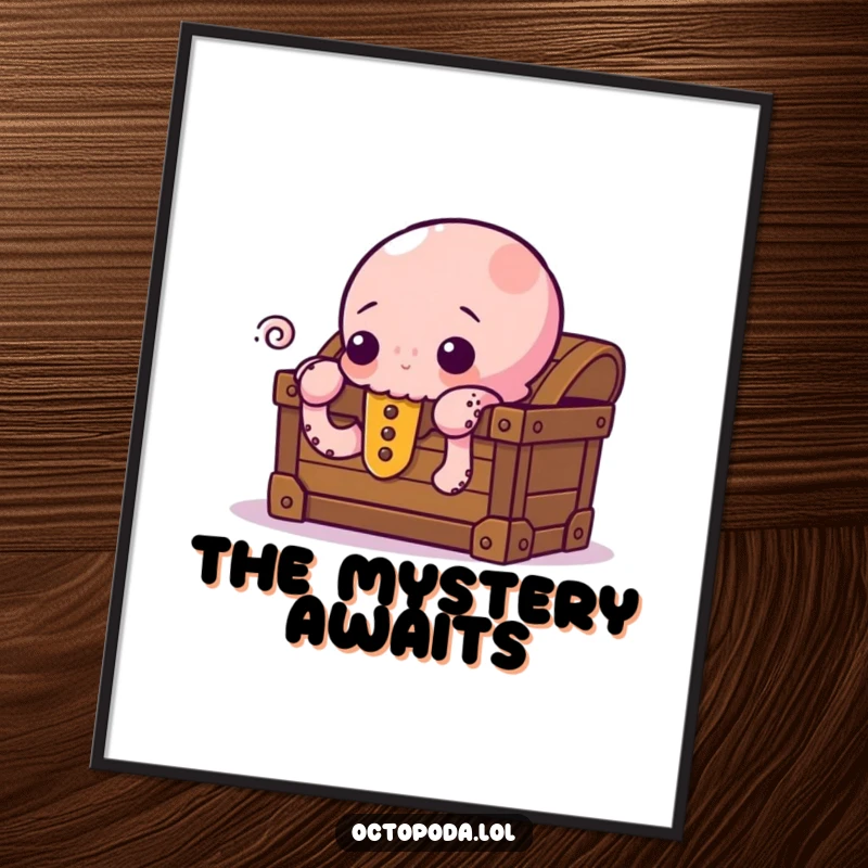 Funny Digital Art Print of a curious octopus peeking from behind a treasure chest, a humorous and intriguing piece for digital art collectors.